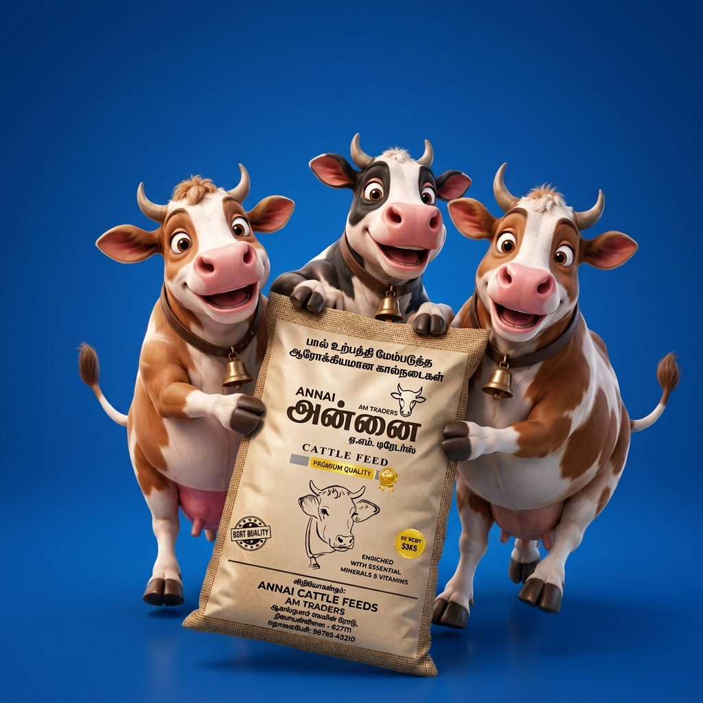 Annai premium cattle feed 50 kg bag held by cartoon cows
