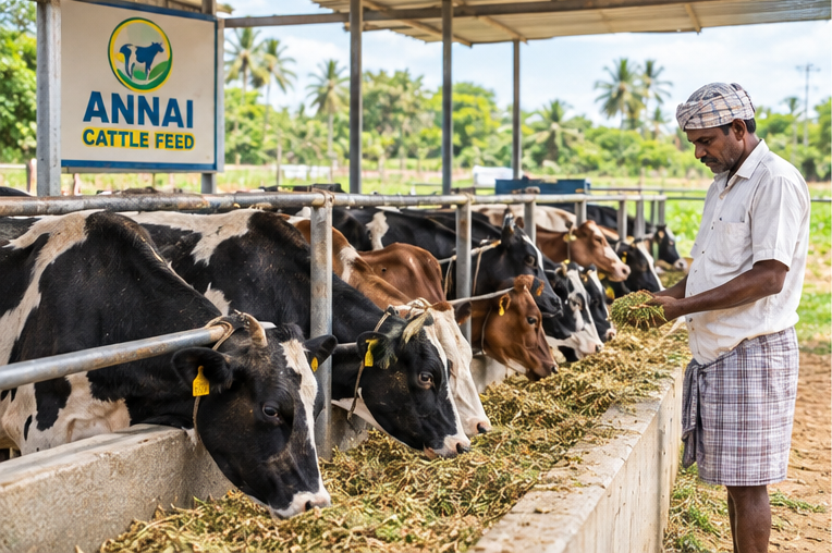 Dairy farmer feeding healthy cows at a feeding trough