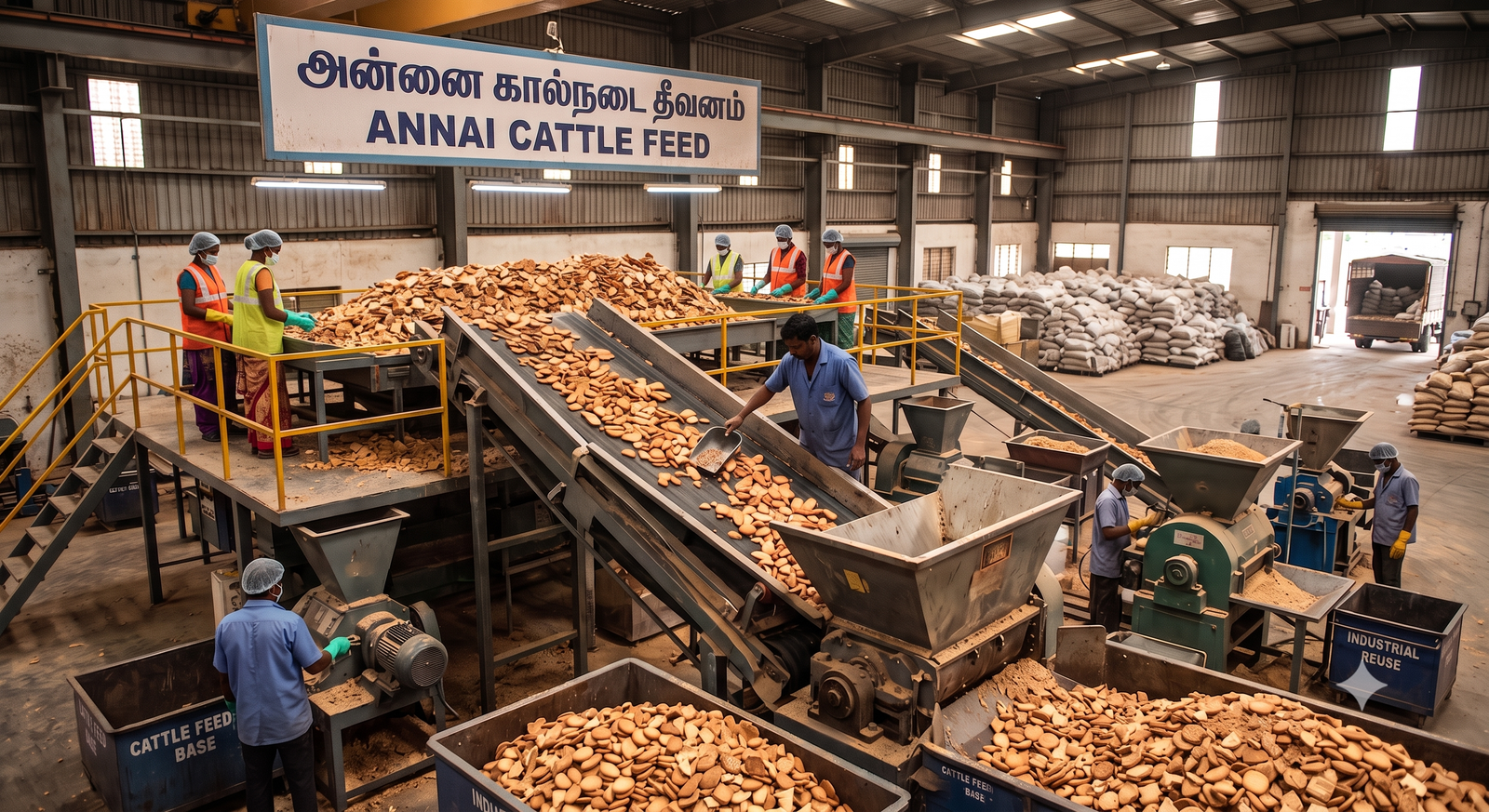Blue crates of surplus bread and biscuits loaded onto a pickup truck for feed production