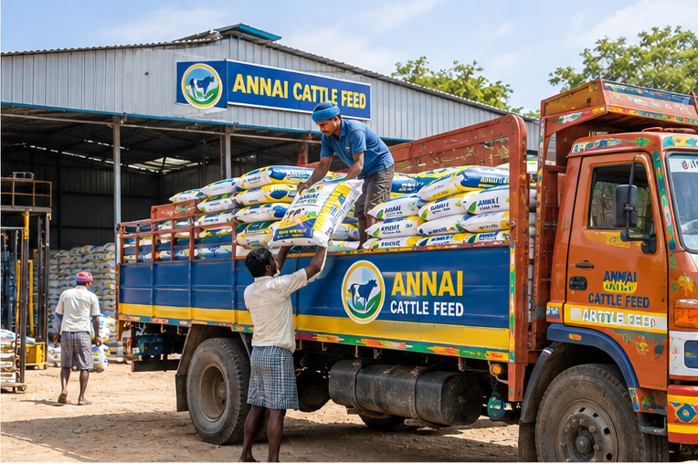 Workers loading Annai Cattle Feed bags onto a delivery lorry