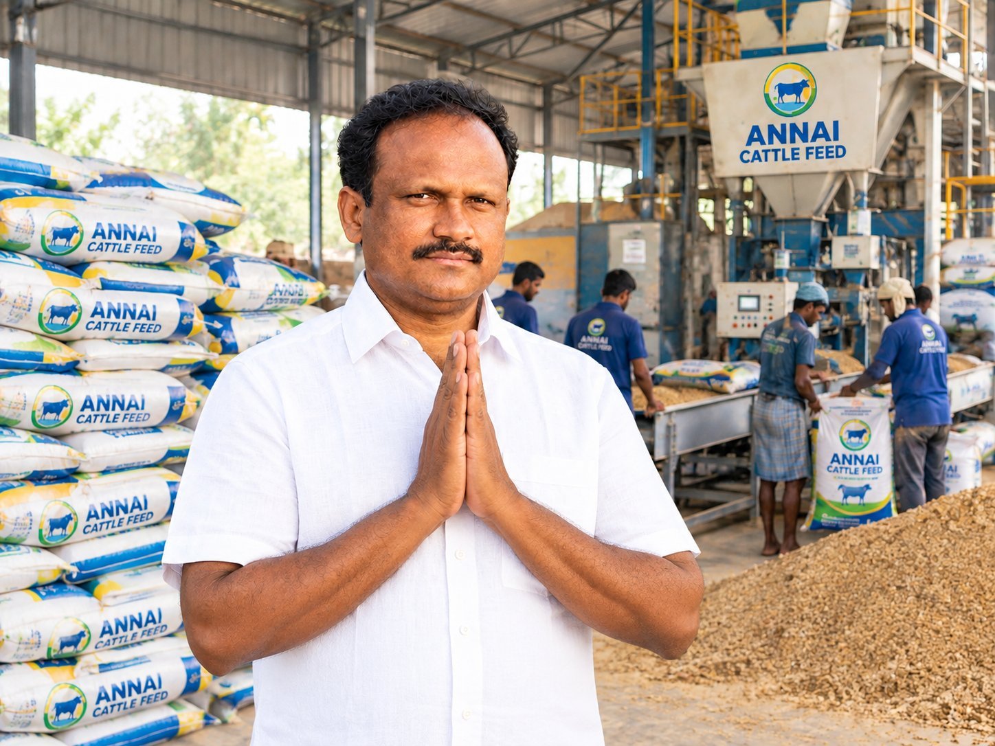 Owner of A.M. Traders greeting visitors at the Annai Cattle Feeds factory