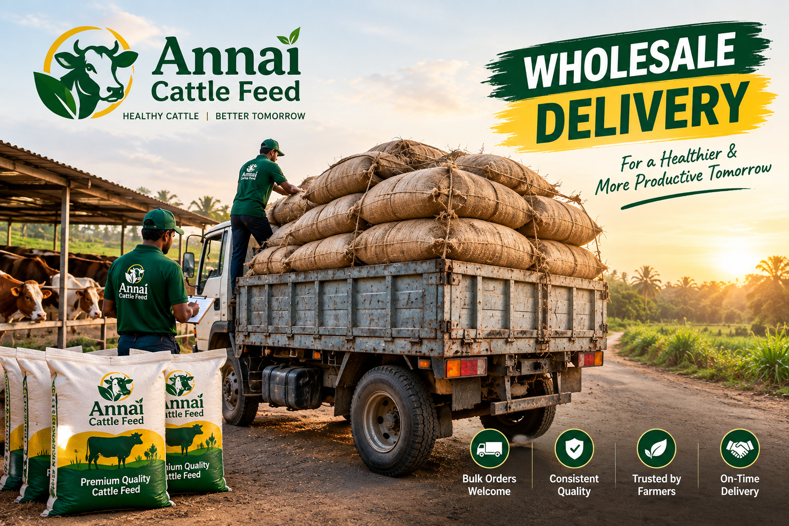 Wholesale cattle feed warehouse with stacked jute sacks on pallets and a forklift