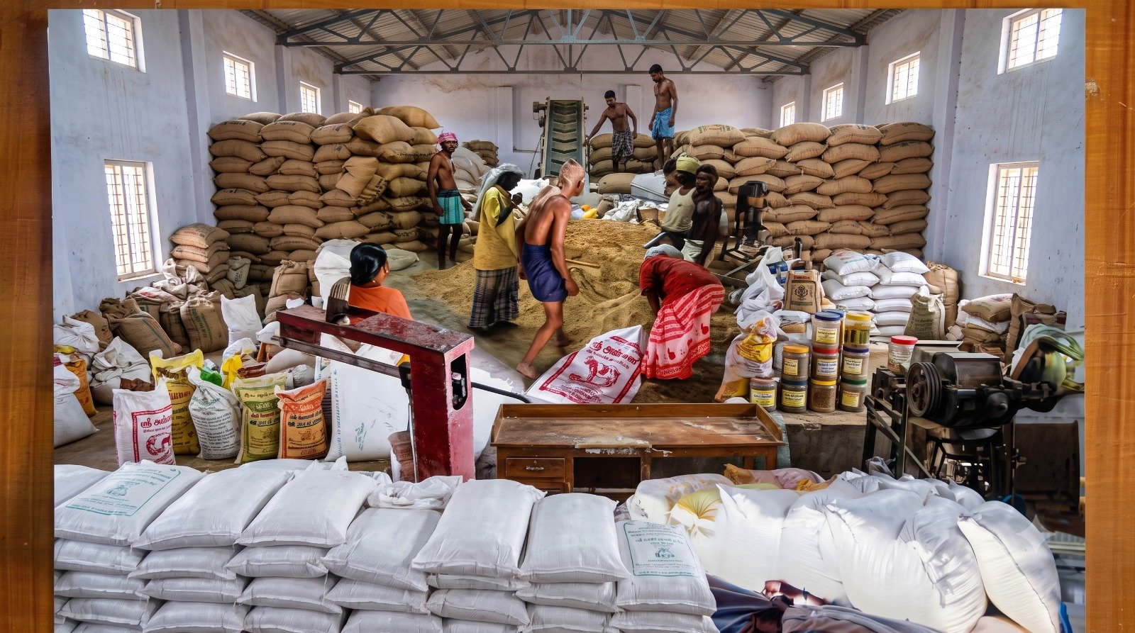 Workers operating cattle feed pelleting and packing machinery at the Annai Cattle Feeds unit