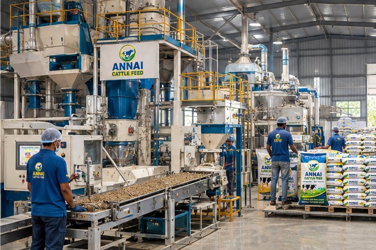 Workers loading Annai Cattle Feed bags onto a delivery lorry for wholesale dispatch